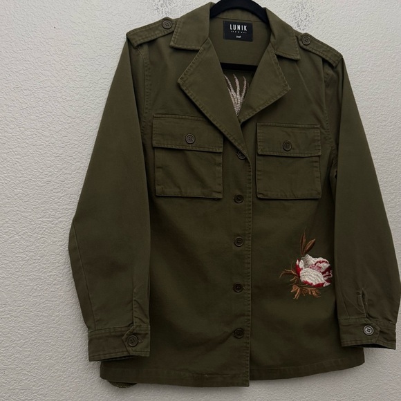 Lunik Embroidered Utility Jacket Button Front Pockets Green Size Small - Picture 5 of 12